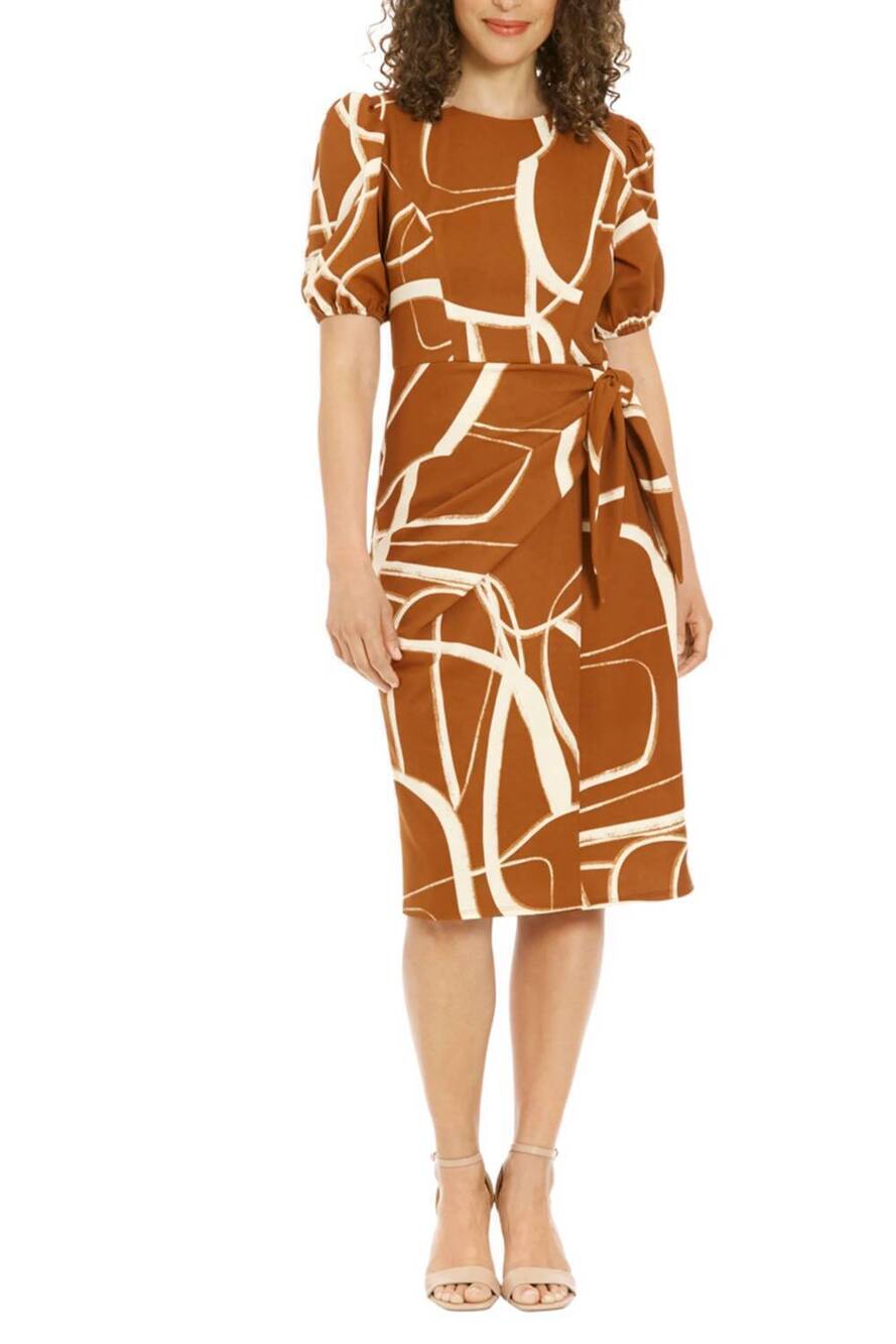 NEW LONDON TIMES short sleeve side tie dress - petite in brown cream